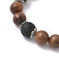 Bracelets extensibles en perles rondes en bois naturel et pierre de lave&nbsp;BJEW-JB12353-03