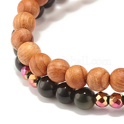 2 pièces 2 bracelets extensibles en obsidienne naturelle et hématite synthétique et bois avec breloque planète&nbsp;BJEW-JB07616
