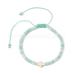 Braccialetti regolabili con croce religiosa in turchese sintetico tinto e perline intrecciate a rondella in vetro tinto con effetto sfumato&nbsp;BJEW-JB14309