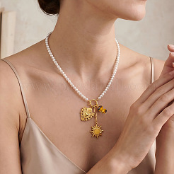 Colliers pour femmes avec pendentif cœur sacré et soleil en acier inoxydable 304 et perles de verre blanc&nbsp;WG88FB4-01