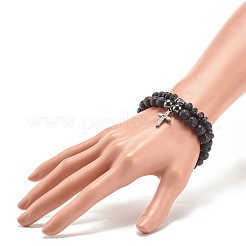 Juego de 2 pulsera elástica de 2 estilos de roca de lava natural y hematita sintética con cabeza y cruz budista de acero inoxidable 304&nbsp;BJEW-JB08289