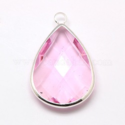 Pendenti a goccia in vetro ottonato placcato color argento, sfaccettato, perla rosa, 18x10x5mm, Foro: 2 mm