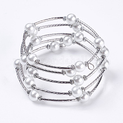 Fashion Wrap Bracelets, Glass Pearl Bracelets with Tube Beads, White, Bracelet: about 60mm inner diameter, Sold per 40 Bracelets