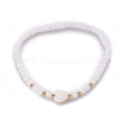 Verre à facettes perles bracelets extensibles, avec des perles en laiton et des perles en coquillage trochid naturel, blanc, diamètre intérieur: 2-1/4 pouce (5.8 cm)