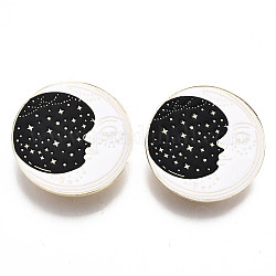 Alloy Brooches, Enamel Pin, with Brass Butterfly Clutches, Flat Round with Moon, Light Gold, Black, 35x2mm, Pin: 1mm