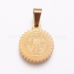 304 Stainless Steel Pendants, Flat Round with Saint Benedict, Golden, 18x15x2mm, Hole: 6.5x4mm