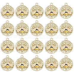 20 Pcs Flat Round with Bee Alloy Insect Charms for Jewelry Earring Making Crafts, Golden, 18mm, Hole: 2mm