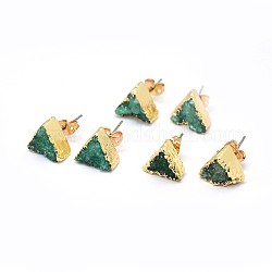 Orecchino di perline in cristallo di quarzo naturale druzy, con accessori di ottone, triangolo, oro, verde mare chiaro, 10x11x4~7mm, ago :0.7mm