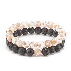 2pcs 2 bracelets de perles de style dzi mala, Ensemble de bracelets extensibles en pierre de lave naturelle et agate pour femme, diamètre intérieur: 2-1/8 pouce (5.5 cm), 1pc / style