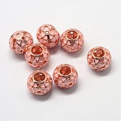 Perles européennes d'émail en alliage, Perles avec un grand trou   , Rondelle avec des fleurs, or rose, rose, 10.5x9mm, Trou: 5mm