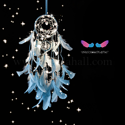 Indian Style Cotton Rope Woven Net/Web with Feather Pendant Decoration, with Colorful Beads and Shell, without Lamp, Light Sky Blue, 60cm