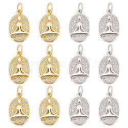 BENECREAT 20Pcs 2 Colors Brass Pendants, with Jump Ring, Long-Lasting Plated, Textured, Oval with Yoga Human, Real Gold Plated & Real Platinum Plated, 16x10x2mm, Hole: 3mm, 10pcs/color