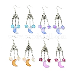 4 Paar lange Ohrhänger aus Glas mit Mond und Stern in zwei Farben, Kronleuchter-Ohrringe aus Messing für Damen, Mischfarbe, 4 mm, 71.5x17 Paar / Farbe