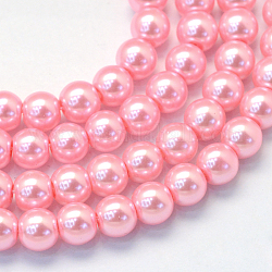 Backen gemalt pearlized Glasperlen runden Perle Stränge, rosa, 6~7 mm, Bohrung: 1 mm, ca. 145 Stk. / Strang, 31.4 Zoll