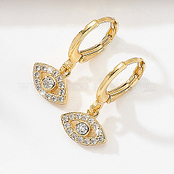 Brass Micro Pave Cubic Zirconia Dangle Leverback Earrings for Women, Evil Eye, Real 18K Gold Plated, Eye: 8x10mm
