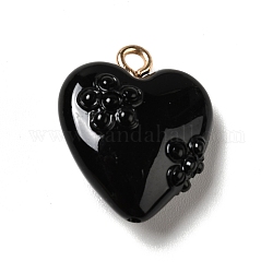 Pendenti in resina opaca, con anelli di ferro tono dorato, cuore con fiore, nero, 20x17x8.5mm, Foro: 2 mm