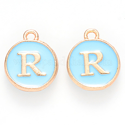 Golden Plated Alloy Enamel Charms, Cadmium Free & Lead Free, Enamelled Sequins, Flat Round with Letter, Sky Blue, Letter.R, 14x12x2mm, Hole: 1.5mm