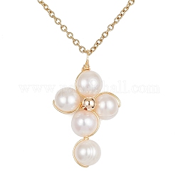 Collier pendentif croix en perles naturelles de qualité a pour femmes, placage ionique (ip) 304 collier en acier inoxydable, or, 17.83 pouce (45.3 cm)