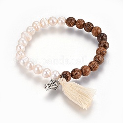 Cotton Thread Tassels Charm Stretch Bracelets, with Natural Pearl, Wood Beads and Tibetan Style Alloy Buddha Beads, Beige, 2-1/4 inch(5.7cm)