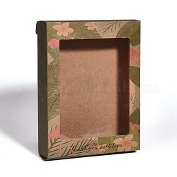 Faltbare kreative Kraftpapierbox, Geschenkbox aus Papier, mit klarem Fenster, Rechteck mit Blumenmuster, Olive, 17.7x13.5x3.7 cm