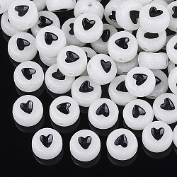 Luminous Acrylic Beads, Flat Round with Heart, Creamy White, 7x3.5~4mm, Hole: 1.2mm