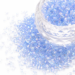 Abalorios de vidrio bugle, colores transparentes arco iris, azul claro, 2.5~3x2mm, agujero: 0.9 mm, aproximamente 15000 unidades / libra