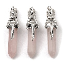 Naturelle quartz rose a pendentifs, breloques de balle à facettes, avec crémaillère fée en laiton plaqué platine, 24x13mm, Trou: 5x8mm