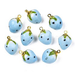Handmade Porcelain Pendants, with Golden Plated Brass Findings, Famille Rose Style, 3D Strawberry, Light Sky Blue, 14~16x10~11mm, Hole: 1.6mm