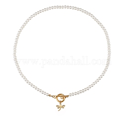 Colliers avec pendentifs en 304 acier inoxydable, avec perles rondes en acrylique imitation perle et fermoirs à bascule, libellule, blanc, or, 18.11 pouce (46 cm)