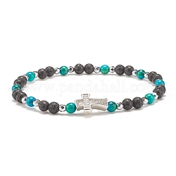 Natural & Synthetic Mixed Gemstone Beaded Stretch Bracelet with Clear Cubic Zirconia Cross for Women, Dark Cyan, Inner Diameter: 2-1/4 inch(5.6cm)