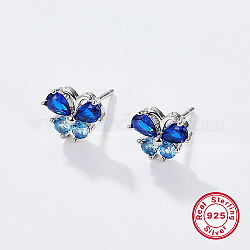 Rhodium Plated Platinum Plated 925 Sterling Silver Stud Earrings, Cubic Zirconia Butterfly Earrings, Blue, 7.4x9.4mm