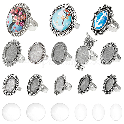 SUNNYCLUE DIY Blank Dome Finger Rings Making Kit, Including Flower & Owl & Bowknot Adjustable Alloy Ring Settings, Glass Cabochons, Antique Silver, 20Pcs/bag