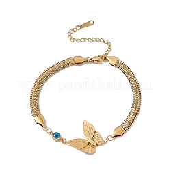 Bracelet à maillons mauvais œil en émail avec chaînes serpent plates, 304 bijoux en acier inoxydable pour femme, or, le modèle de papillon, papillon: 21x20x4 mm, 7-5/8 pouce (19.5 cm)