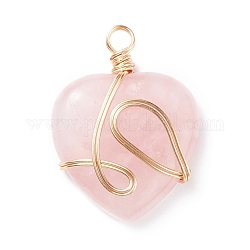 Natural Rose Quartz Pendants, with Golden Tone Copper Wire Wrapped, Heart, 40.5x30x8.5mm, Hole: 4.2mm