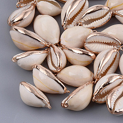 Electroplate Cowrie Shell Pendants, with Iron Findings, Golden, Seashell Color, 22~29x12~19x10~12mm, Hole: 1.6mm