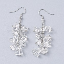 Dangle Earrings, Cluster Earrings, with Natural Quartz Crystal Chips and Platinum Plated Brass Earring Hooks, 60~63mm, Pin: 0.5mm