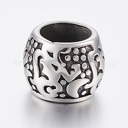 304 Stainless Steel Beads, Large Hole Beads, Rondelle with Flower, Antique Silver, 14x11mm, Hole: 9mm