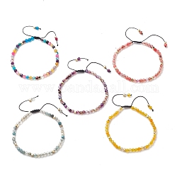 Bracelets de perles de nylon tressés réglables, avec des perles rondes en agate naturelle et des perles en laiton plaqué or, couleur mixte, diamètre intérieur: 2-3/8~3-1/2 pouce (5.9 cm)