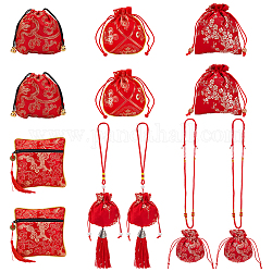 AHANDMAKER 12 Pcs Jewelry Silk Purse Pouchs, 6 Styles Vintage Red Embroidered Flower Jewelry Brocade Organizer Wrap with Zipper Small Drawstring Bag Jewelry Gift Bag for Wedding Travel Candy Storage