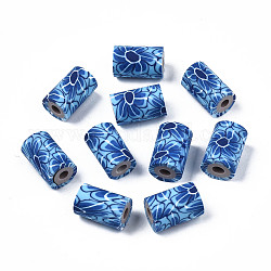 Perles en pâte polymère manuel, colonne avec motif d'artisanat de bijoux, bleuet, 11x6~7.5mm, Trou: 2~3mm