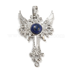 Gros pendentifs en lapis lazuli naturel, croix avec breloques ailes, avec les accessoires en laiton plaqués de platine, 52.5x32x7~7.5mm, trou: 4x8 mm et 2 mm