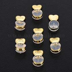 Silicone Ear Nuts, Earring Backs, with Brass Findings, Heart with Word Love, Cadmium Free & Nickel Free & Lead Free, Real 18K Gold Plated, 11x6x5mm, Hole: 0.6mm