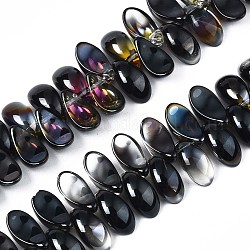 Perles en verre plaquent brin, demi-plaqué, feuille, noir plaqué, 6x12.5x4.5mm, Trou: 0.9mm, Environ 100 pcs/chapelet, 14.17 pouce ~ 15.35 pouces (36~39 cm)