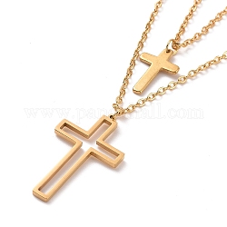 Двухслойное ожерелье с подвеской в виде креста из нержавеющей стали с кабельными цепочками для мужчин и женщин, золотые, 15.55 дюйм (39.5 см)