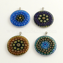Handmade Millefiori Glass Pendants, with Platinum Tone Brass Findings, Flat Round, Mixed Color, 43x38x4mm, Hole: 4x3mm