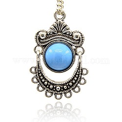 Tibetan Style Alloy Chandelier Components Links, with Half Round Resin Cabochons, Antique Silver Metal Color, Deep Sky Blue, 32x21x5mm, Hole: 1mm and 2mm