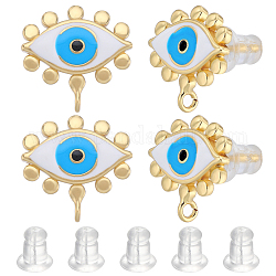 Beebeecraft 4 Pairs Evil Eye Brass Stud Earring Findings, with Enamel and Plastic Ear Nuts & Vertical Loops, Long-Lasting Plated, Real 18K Gold Plated, 12.5x13mm, Hole: 1.2mm, Pin: 0.9mm
