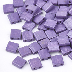 Perles de rocaille en verre, peinture de cuisson, 2 trou, rectangle, support violet, 5x4.5~5.5x2~2.5mm, Trou: 0.5~0.8mm