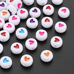Acrylic Beads, Flat Round with Heart, Mixed Color, 7x4mm, Hole: 1mm