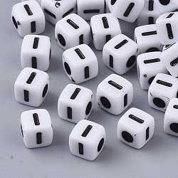 Белые непрозрачные акриловые бусины, горизонтальное отверстие, куб с черным алфавитом, letter.i, 4~5x4~5x4~5 мм, отверстие : 1.8 мм, Около 240 шт / 20 г